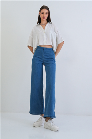 Kadın Mavi Yüksek Bel Beli Lastikli Wide Leg Jean Pantolon Alc-X15386