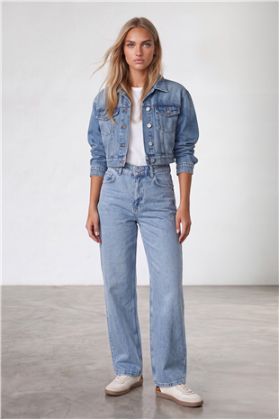 Kadın Mavi Yüksek Bel Bol Paça Wide Leg Jean Pantolon Alc-X15917