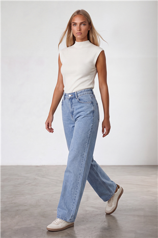 Kadın Mavi Yüksek Bel Bol Paça Wide Leg Jean Pantolon Alc-X15917