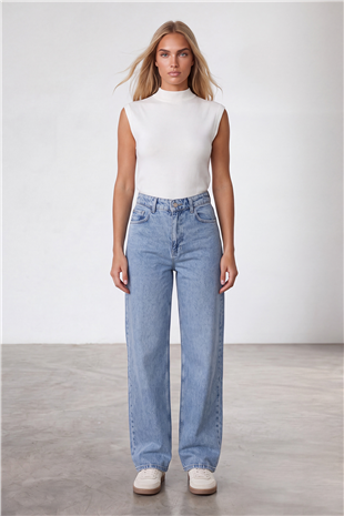 Kadın Mavi Yüksek Bel Bol Paça Wide Leg Jean Pantolon Alc-X15917