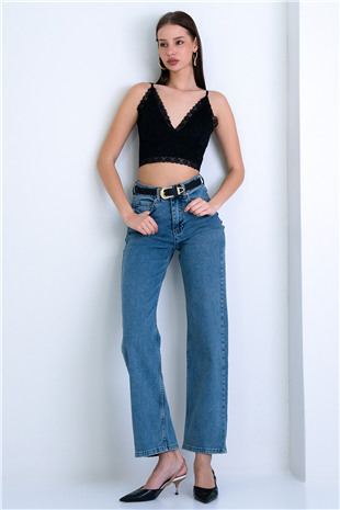 Kadın Mavi Yüksek Bel Geniş Paça Jean Pantolon Alc-X15158