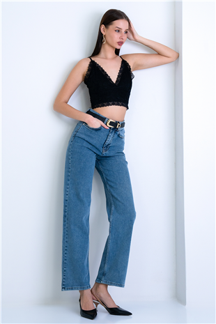 Kadın Mavi Yüksek Bel Geniş Paça Jean Pantolon Alc-X15158