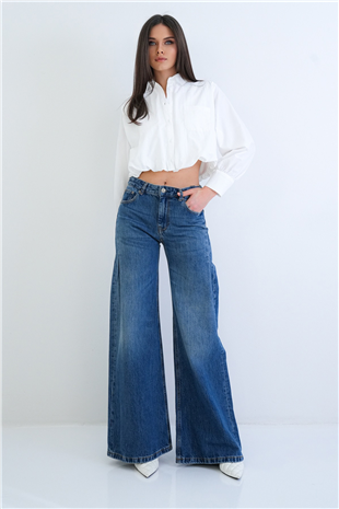 Kadın Mavi Yüksek Bel Likralı Dikiş Detaylı Geniş Paça Yıkamalı Jean Pantolon Alc-X15287