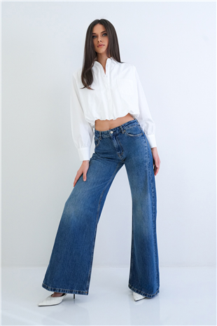 Kadın Mavi Yüksek Bel Likralı Dikiş Detaylı Geniş Paça Yıkamalı Jean Pantolon Alc-X15287