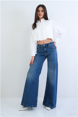 Kadın Mavi Yüksek Bel Likralı Dikiş Detaylı Geniş Paça Yıkamalı Jean Pantolon Alc-X15287