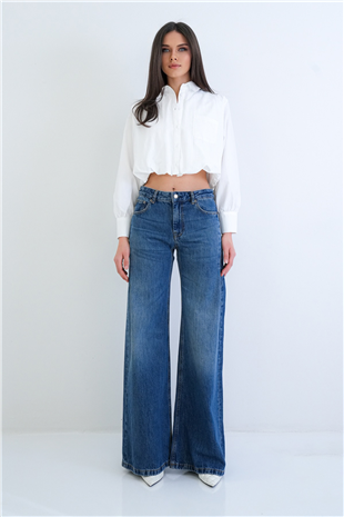 Kadın Mavi Yüksek Bel Likralı Dikiş Detaylı Geniş Paça Yıkamalı Jean Pantolon Alc-X15287