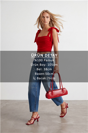Kadın Mavi Yüksek Belli Taşlamalı Baggy Pantolon Alc-X15664