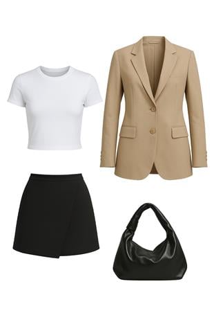 Kadın MİX Astarlı Blazer Ceketşort Etek Çanta Ve Crop Bluz Takım V00005