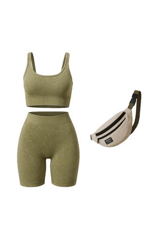 Kadın MİX Çapraz İpli Crop Bluz Ve Kısa Şort Tayt Ve Çanta Takım V00022