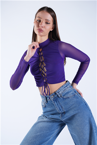Kadın Mor Dik Yaka Önü Bağcıklı Kolları Transparan Bluz Alc-X15127
