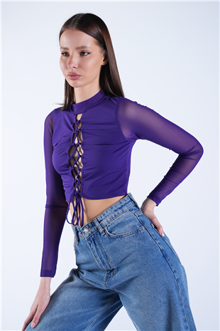 Kadın Mor Dik Yaka Önü Bağcıklı Kolları Transparan Bluz Alc-X15127