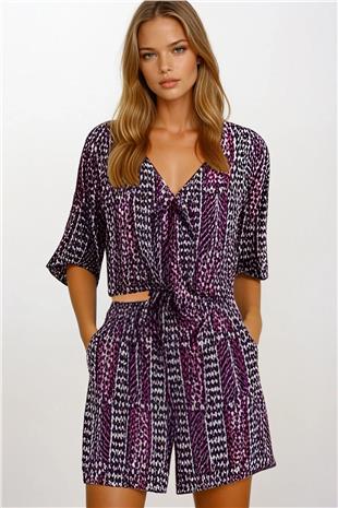 Kadın Mor Etnik Desenli Bağlamalı Bluz Ve Şort TAkım VS00189