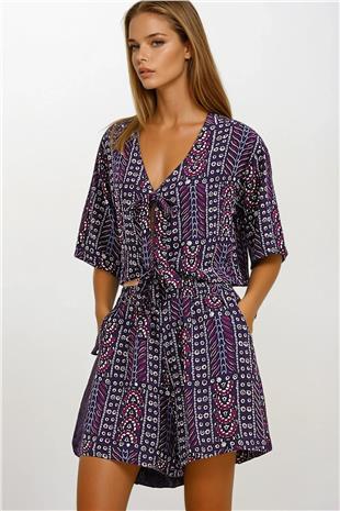 Kadın Mor Etnik Desenli Bağlamalı Bluz Ve Şort TAkım VS00189