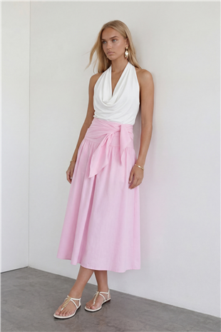 Kadın Pembe Beli Bağlamalı Fermuarlı İçi Astarlı Midi Poplin Etek Alc-X15519