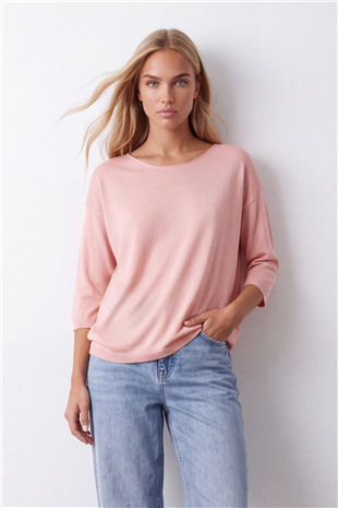 Kadın Pembe Bisiklet Yaka Yarım Kol Triko Bluz Alc-X15655