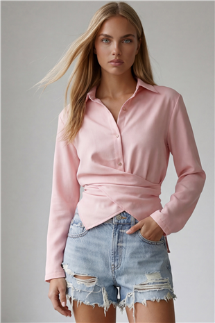 Kadın Pembe Çapraz Bağlama Detaylı Sofia Keten Gömlek Alc-X15471