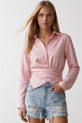 Kadın Pembe Çapraz Bağlama Detaylı Sofia Keten Gömlek Alc-X15471