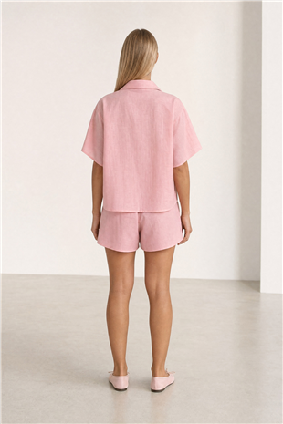 Kadın Pembe Ceket Yaka Oversize Keten Gömlek Ve Bağlamalı Şort Etek Takım Alc-X13941
