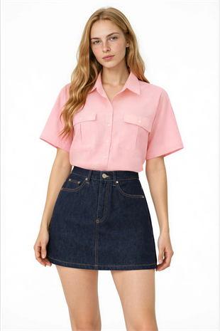 Kadın Pembe Çift Cepli Yarım Kol Keten Gömlek ALC-X9991