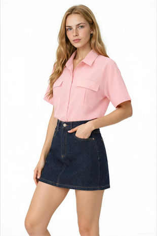 Kadın Pembe Çift Cepli Yarım Kol Keten Gömlek ALC-X9991