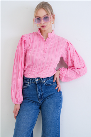 Kadın Pembe Hakim Yaka Önü Düğmeli Balon Kol Fırfır Kumaş Gömlek Bluz Alc-X15405
