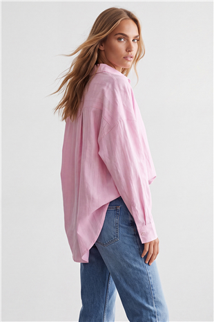 Kadın Pembe Jakarlı Oversize Dokuma Gömlek Alc-X15629