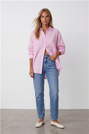 Kadın Pembe Jakarlı Oversize Dokuma Gömlek Alc-X15629