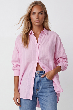 Kadın Pembe Jakarlı Oversize Dokuma Gömlek Alc-X15629