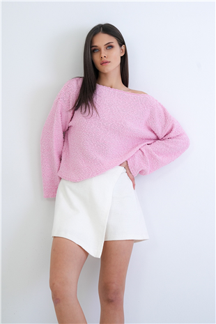 Kadın Pembe Kayık Yaka Kabartma Dokulu Triko Bluz Alc-X15278