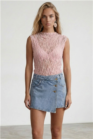 Kadın Pembe Kolsuz Dantelli Bluz Alc-X15477