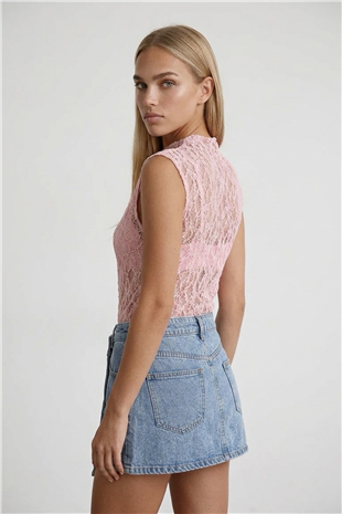 Kadın Pembe Kolsuz Dantelli Bluz Alc-X15477