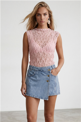 Kadın Pembe Kolsuz Dantelli Bluz Alc-X15477