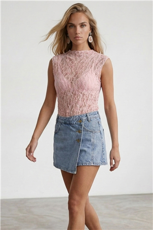 Kadın Pembe Kolsuz Dantelli Bluz Alc-X15477