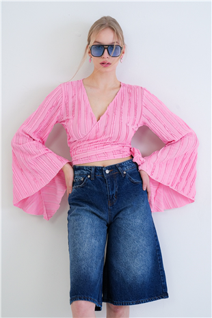 Kadın Pembe Kruvaze Yaka İspanyol Kol Crop Bluz Alc-X15427