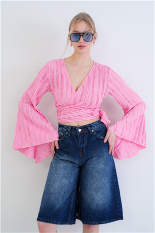 Kadın Pembe Kruvaze Yaka İspanyol Kol Crop Bluz Alc-X15427