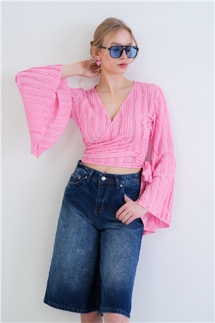 Kadın Pembe Kruvaze Yaka İspanyol Kol Crop Bluz Alc-X15427
