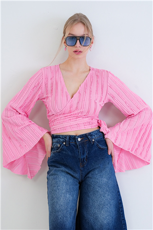 Kadın Pembe Kruvaze Yaka İspanyol Kol Crop Bluz Alc-X15427