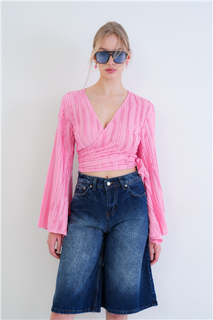 Kadın Pembe Kruvaze Yaka İspanyol Kol Crop Bluz Alc-X15427