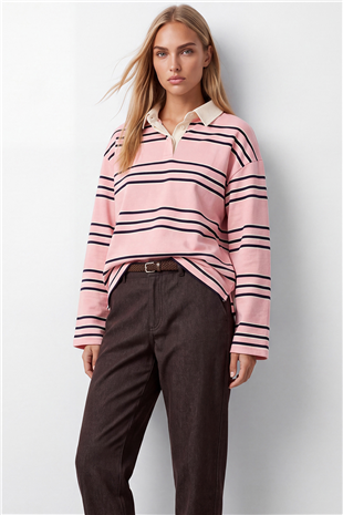 Kadın Pembe Polo Yaka Çizgili Sweatshirt Alc-X15948