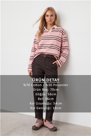 Kadın Pembe Polo Yaka Çizgili Sweatshirt Alc-X15948