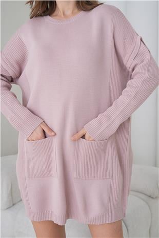 Kadın Pembe Ribanalı Bisiklet Yaka Mini Triko Elbise Alc-X14902