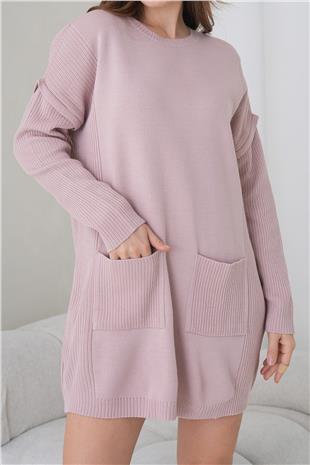 Kadın Pembe Ribanalı Bisiklet Yaka Mini Triko Elbise Alc-X14902