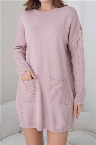 Kadın Pembe Ribanalı Bisiklet Yaka Mini Triko Elbise Alc-X14902