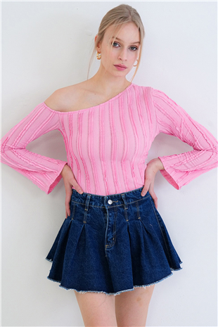 Kadın Pembe Tek Omuz İspanyol Kol Fırfır Kumaş Bluz Alc-X15421