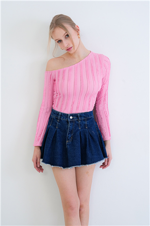 Kadın Pembe Tek Omuz İspanyol Kol Fırfır Kumaş Bluz Alc-X15421