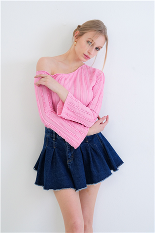 Kadın Pembe Tek Omuz İspanyol Kol Fırfır Kumaş Bluz Alc-X15421