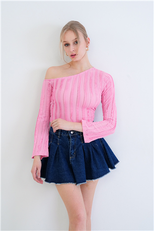 Kadın Pembe Tek Omuz İspanyol Kol Fırfır Kumaş Bluz Alc-X15421
