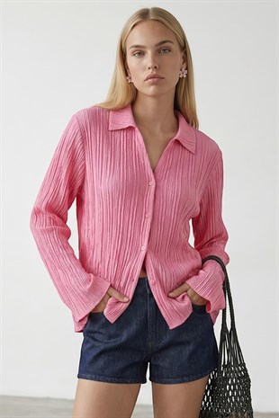 Kadın Pembe V Yaka İspanyol Kol Fırfır Kumaş Gömlek Alc-X15404