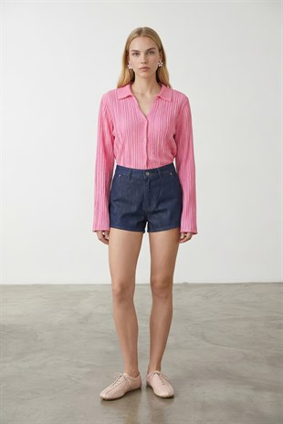 Kadın Pembe V Yaka İspanyol Kol Fırfır Kumaş Gömlek Alc-X15404