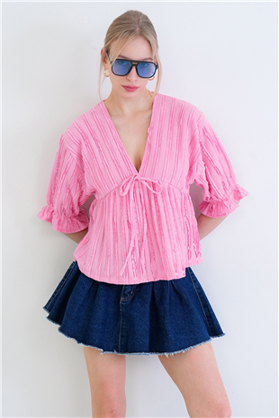 Kadın Pembe V Yaka Truvakar Kol Lastikli Fırfır Kumaş Bluz Alc-X15414